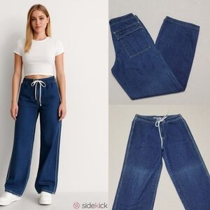 Baxis Vintage 90s Mid-Wash Blue Cotton Denim High Waisted Wide Leg Skater Jeans
